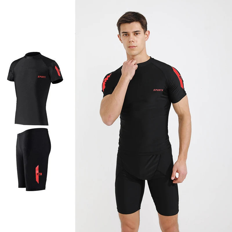 Men's Polyester Swimwear Set with Tight Elastic Shorts and Shirt