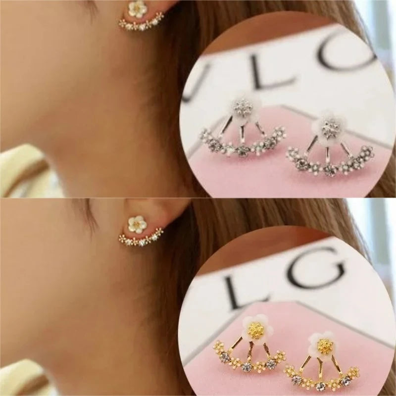 Trendy Women's Flower Stud Earrings in Metal with Zircon