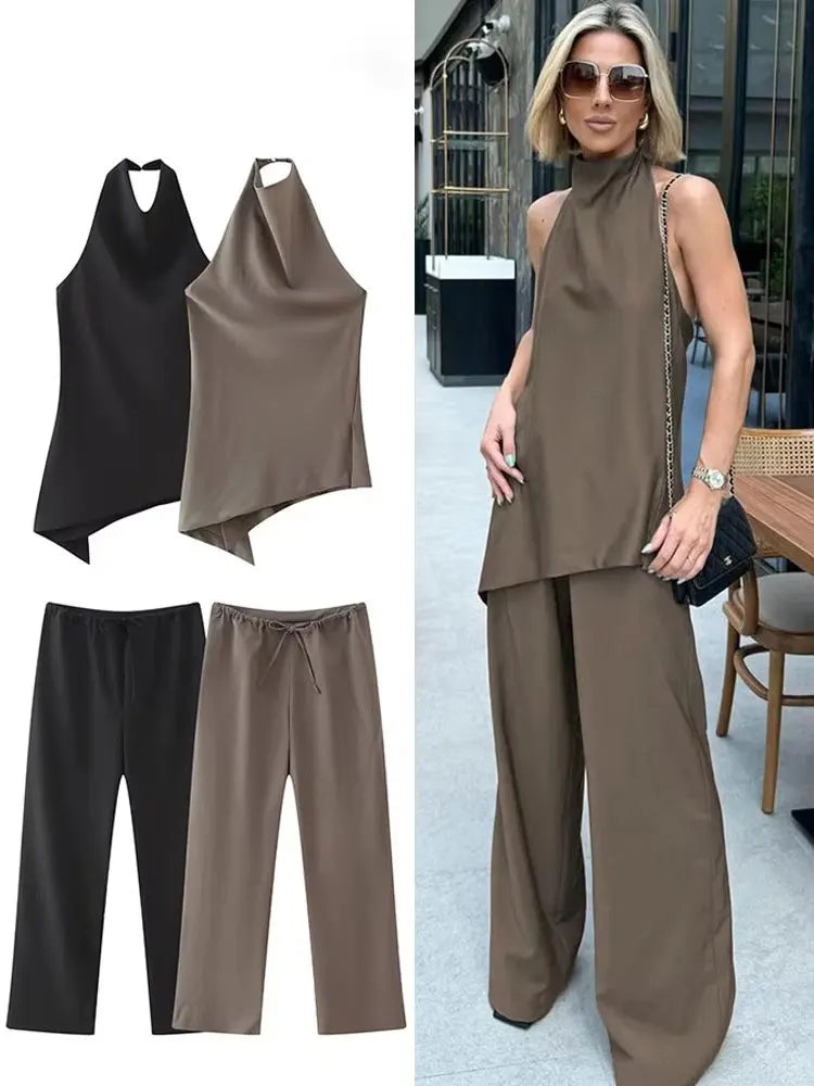 HH Women Vintage Solid Pant Set Backless Halter Top and Drawstring Trousers
