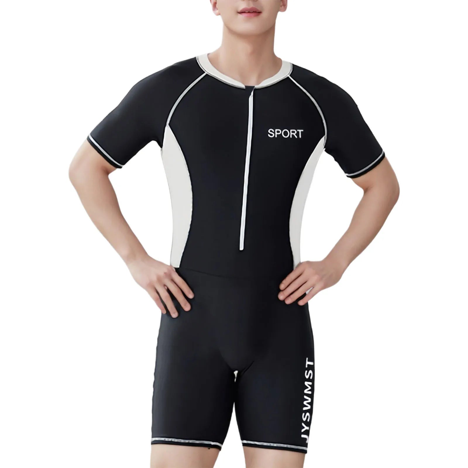 Mens One-Piece Swim Leotard with Front Zipper for Beachwear