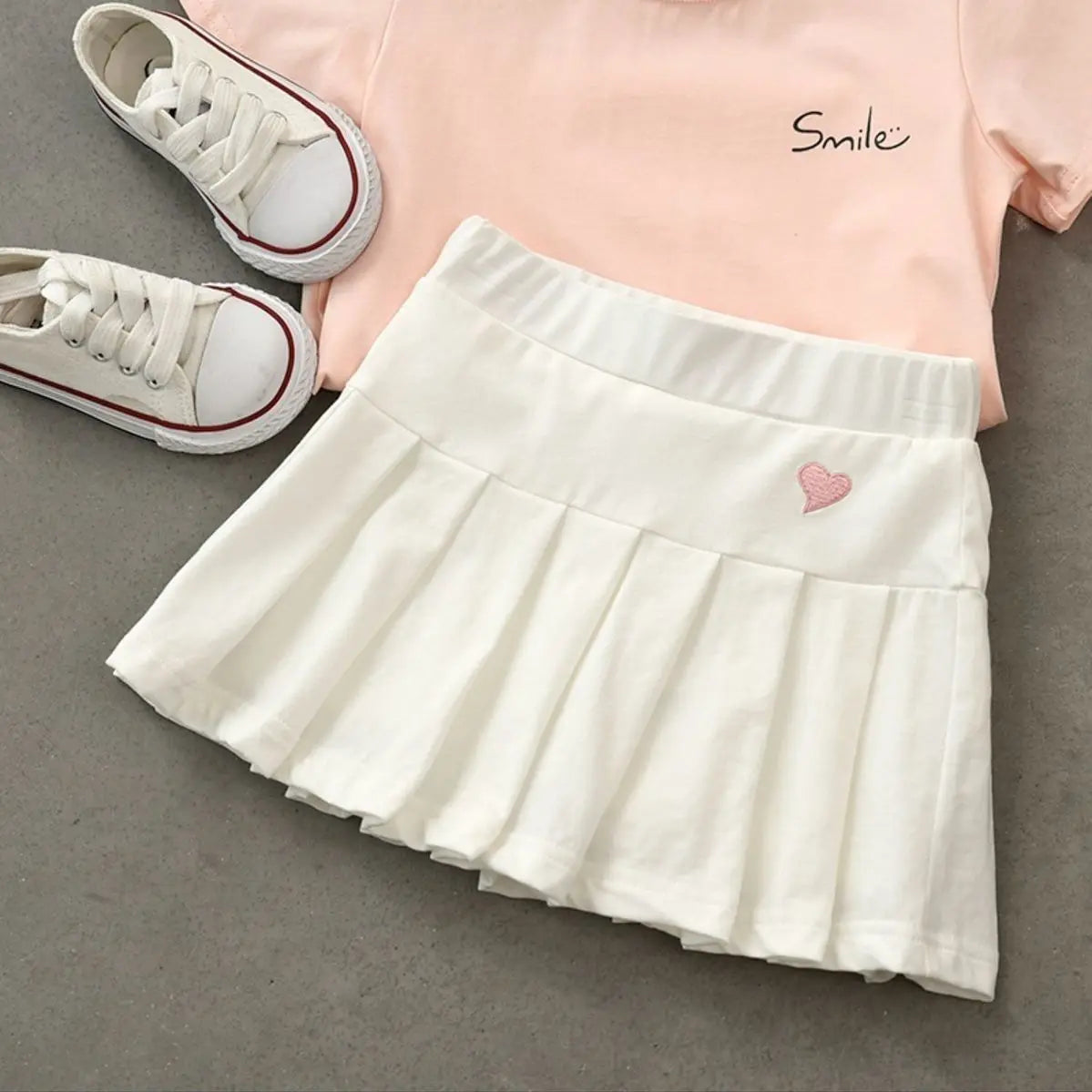 Cute Girls Pleated Skirt with Heart Print for Ages 7-13