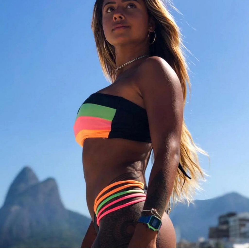 Women's High Waist Bandeau Bikini Set in Solid Polyester