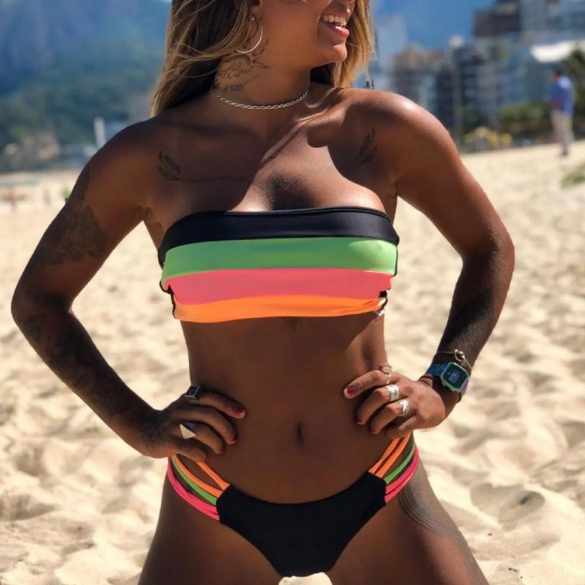 Women's High Waist Bandeau Bikini Set in Solid Polyester