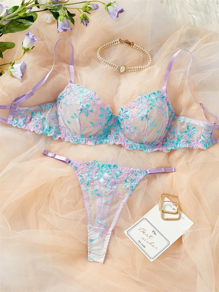 Purple Blue Floral Embroidery Mesh Bra and Panty Set