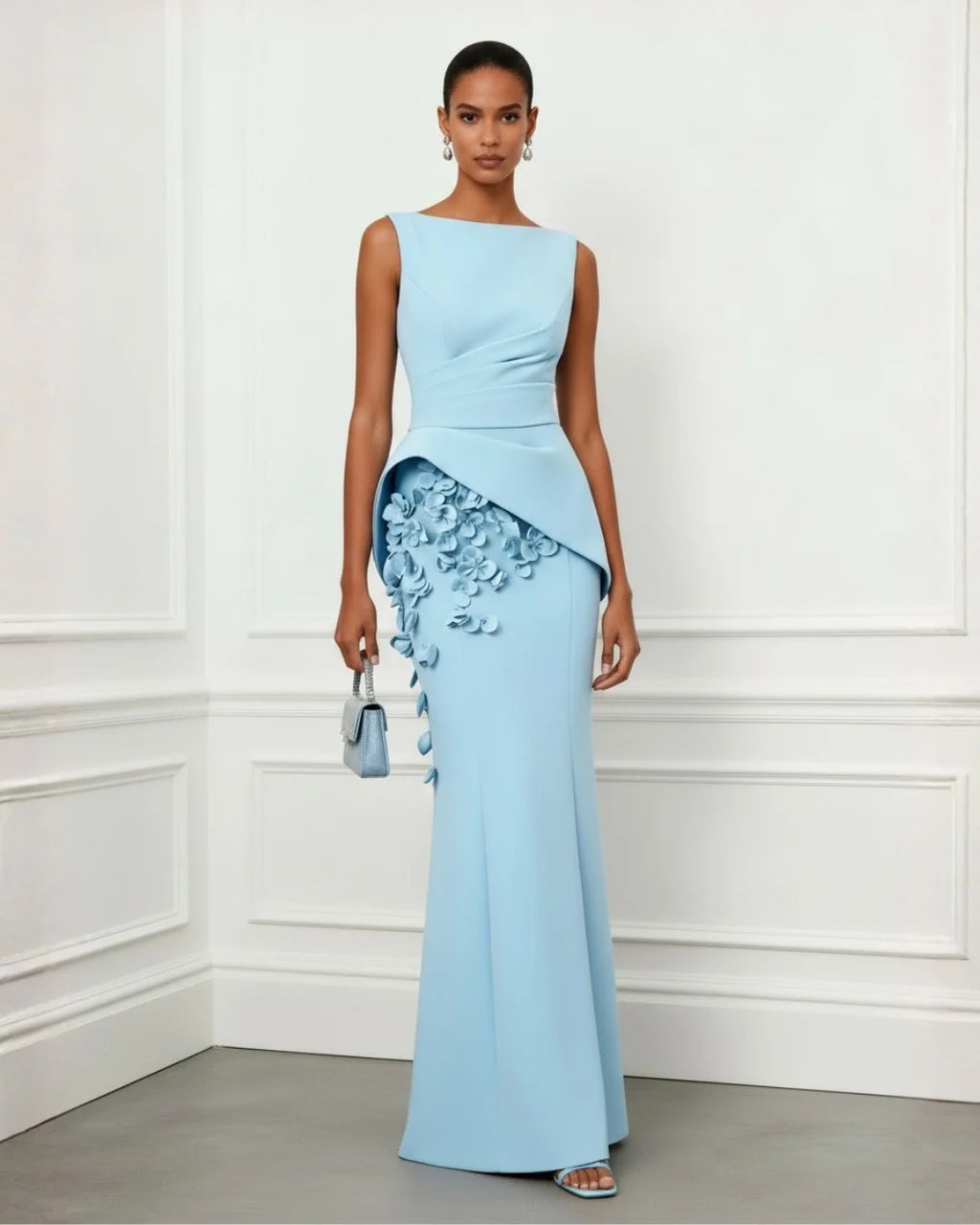 Elegant Blue Evening Dress with Long Sleeves for Women