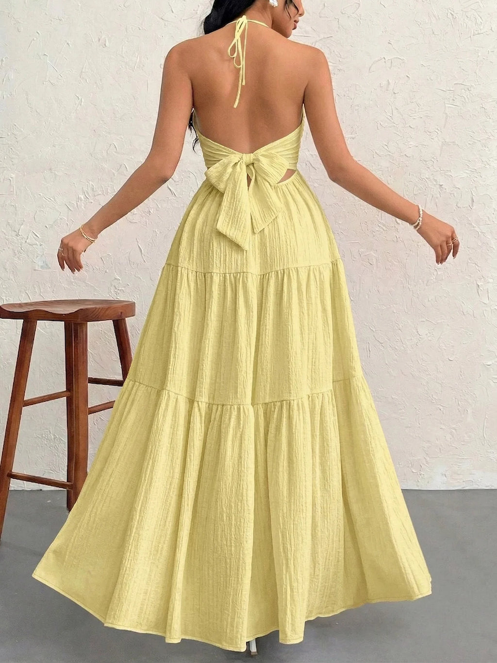 Yellow Tiered Flowy Halter Dress for Women by MALEY LifeStyle