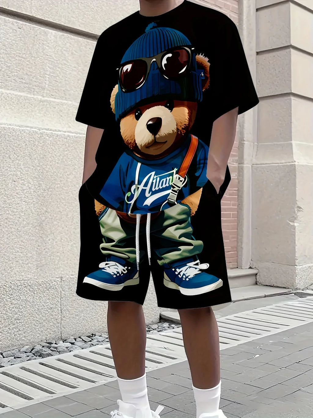 2026 New Men's Short-Sleeve Summer Set, featuring a 3D bear print, urban casual style, comfortable and soft. Couple Street Style