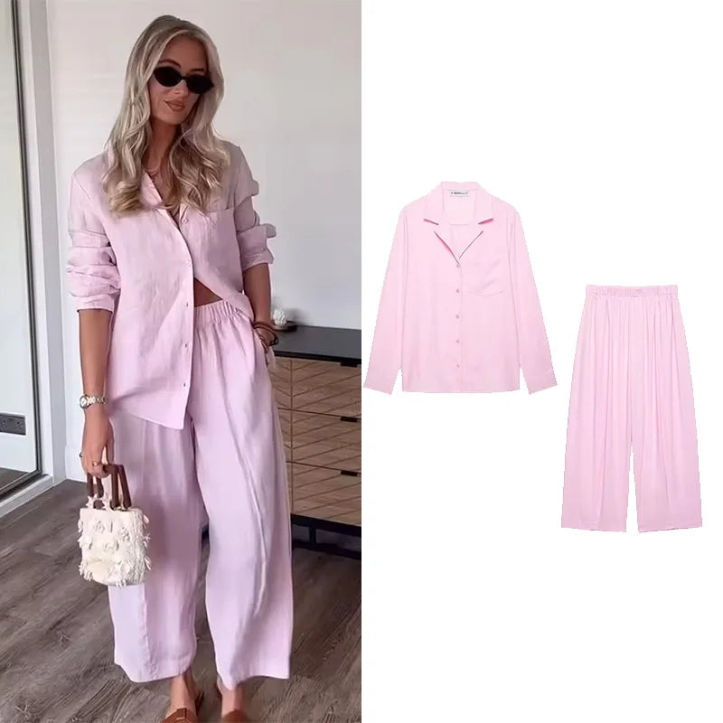 Chic Women's Mid Waist Pants Set with Lapel Collar