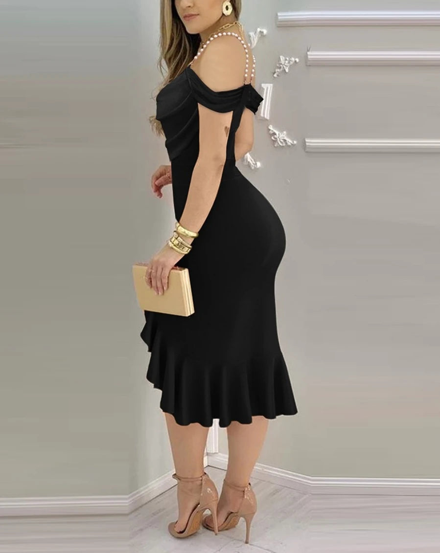 Elegant Off Shoulder Midi Dress for Women in Solid Jersey