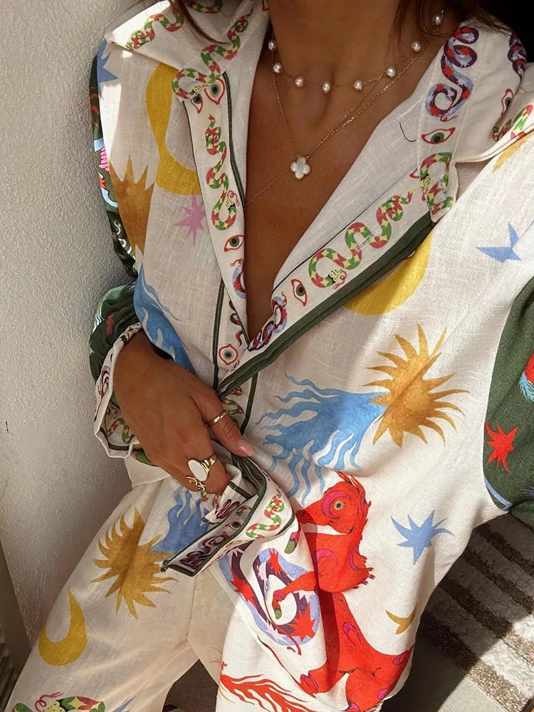 Floral Print Women Suit Set with Loose Blouse and Pants