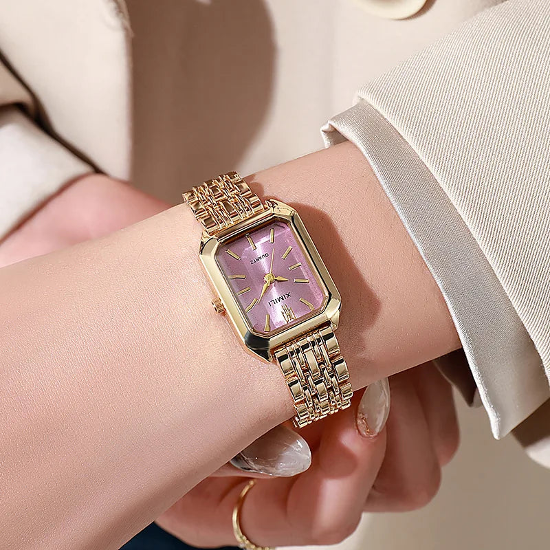 Luxury Gold Plated Quartz Watch for Women with Stainless Steel Band