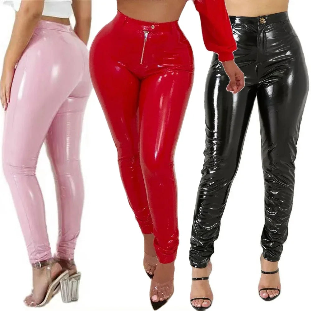 High Waist Faux Leather Skinny Leggings for Women