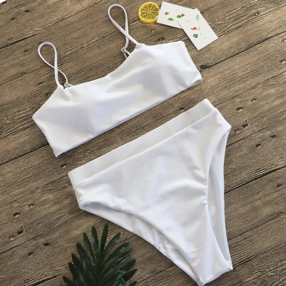 Solid Color High Waist Women's Bikini Set by HKOW
