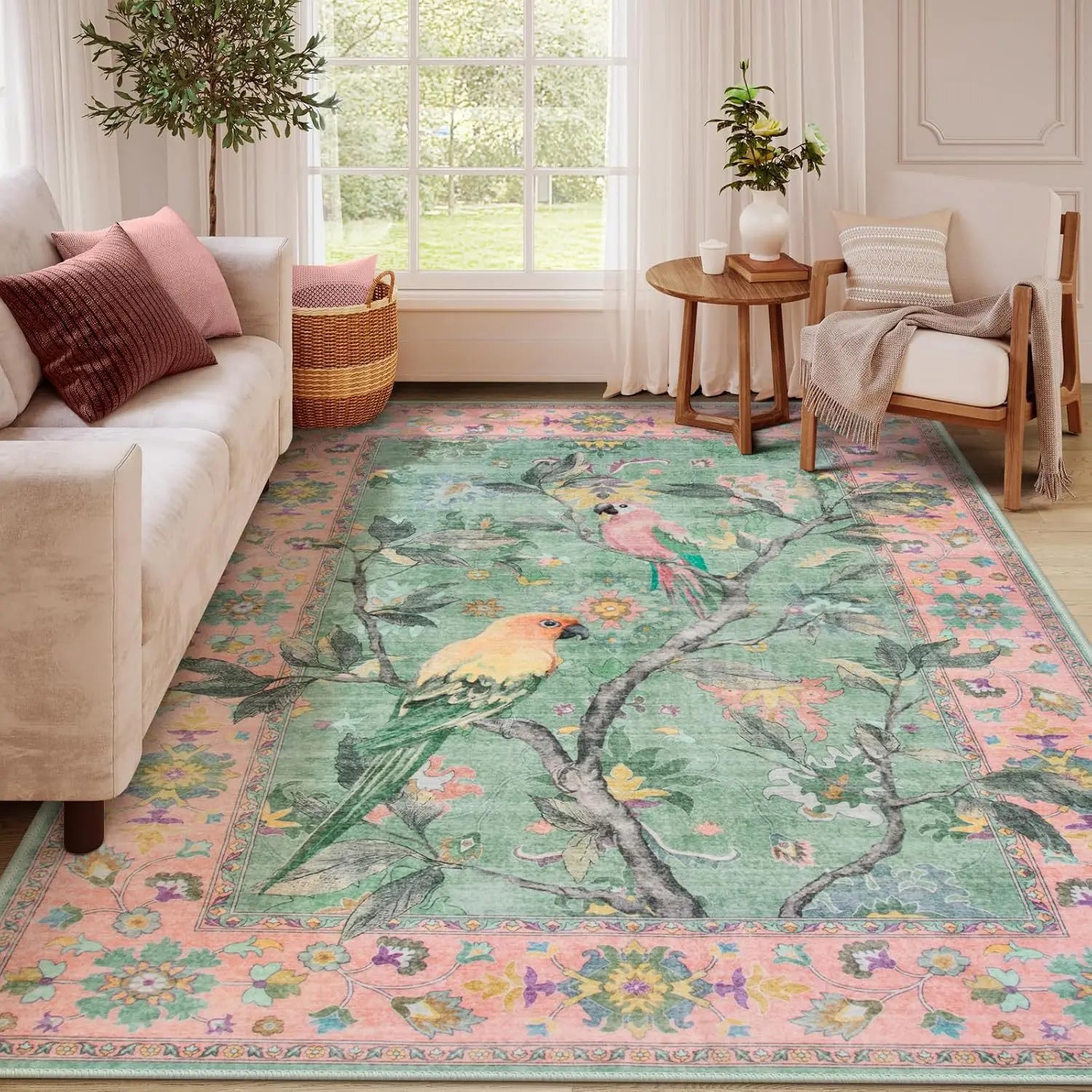 Washable Floral Pattern Living Room Rug Customizable Floor Mat