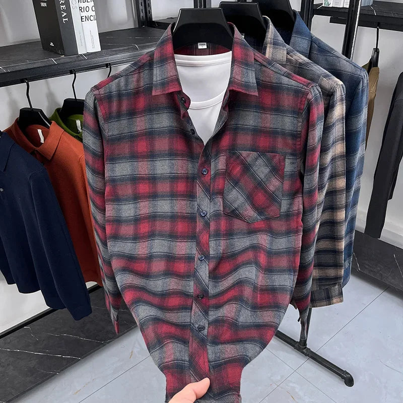 2026 Autumn New Men's Printed Striped Long Sleeved Shirt Casual Fashion Versatile Men's Top