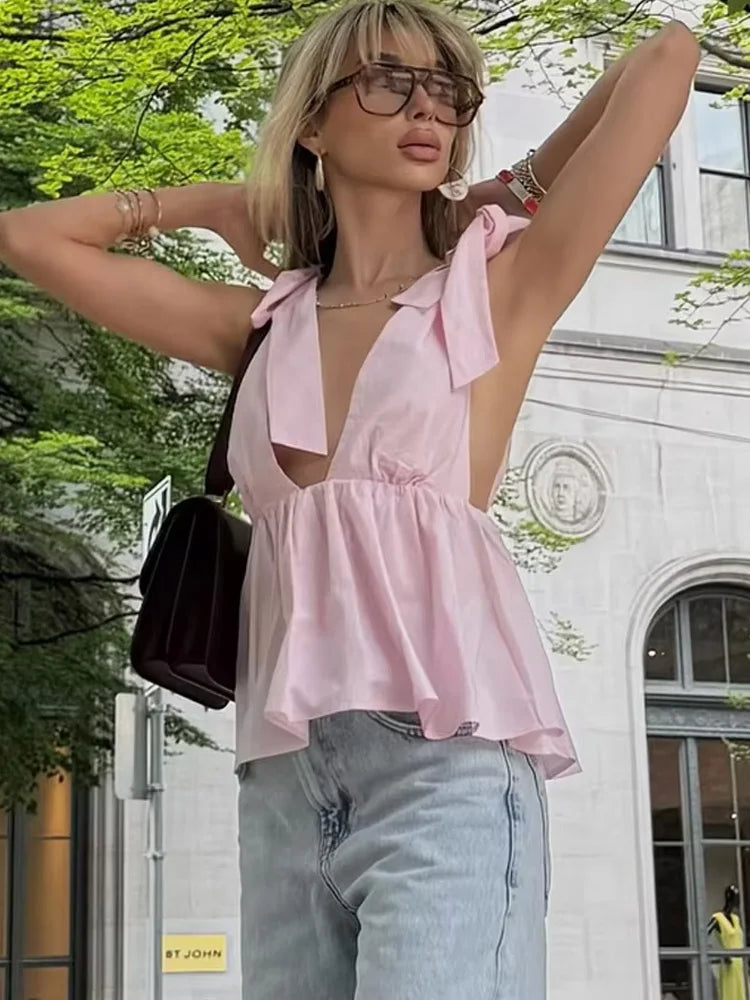 HH Woman Sexy Sleeveless Backless Deep V-Neck Slim Elegant Tops 2025 Summer New Women's White Bow Wrinkles Decorate Top