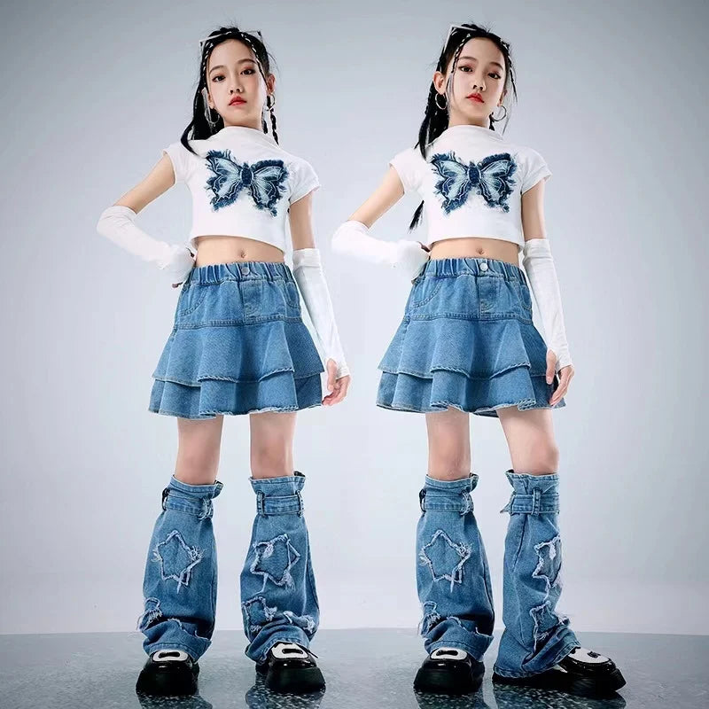 Girls Blue Cotton Denim Ruffle Skirt for Casual Summer Wear