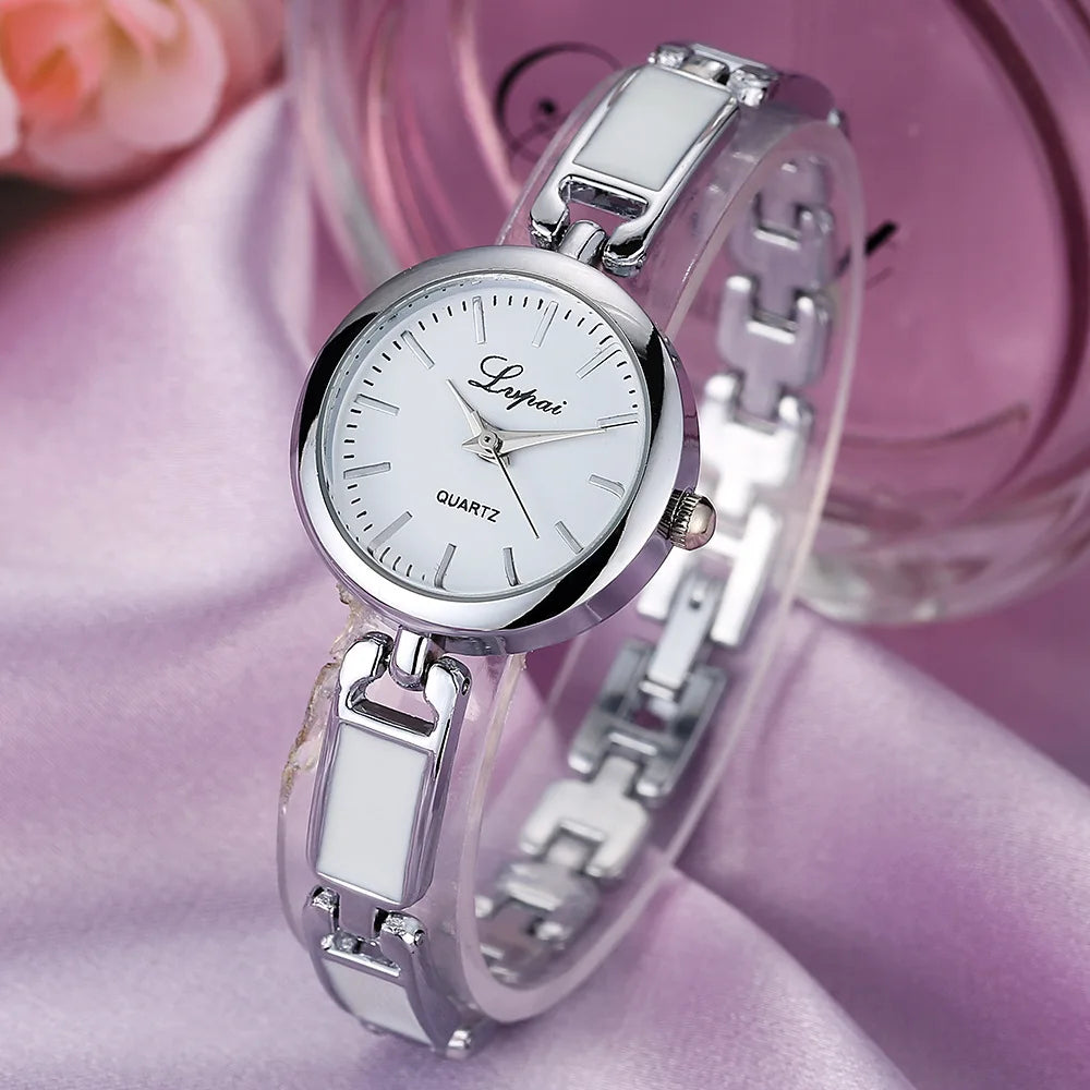 Elegant Rose Silver Quartz Bracelet Watch for Women