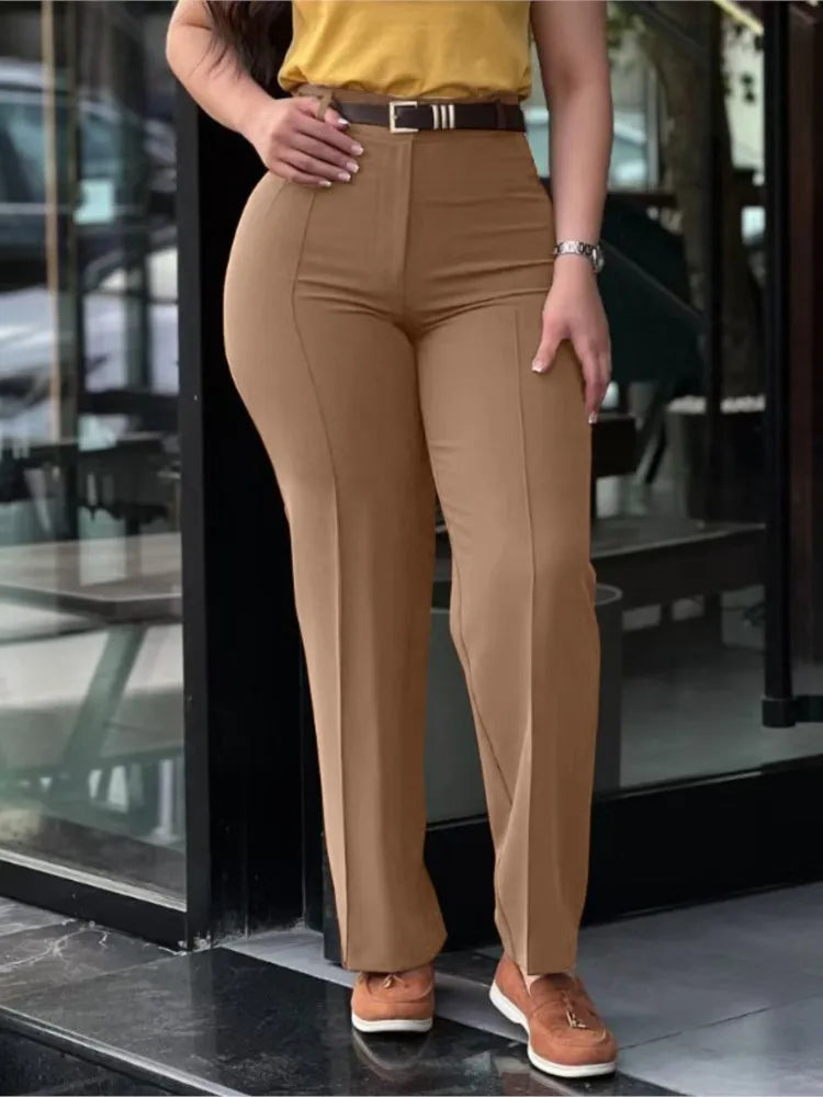 Elegant High Waist Straight Leg Women's Work Pants Polyester