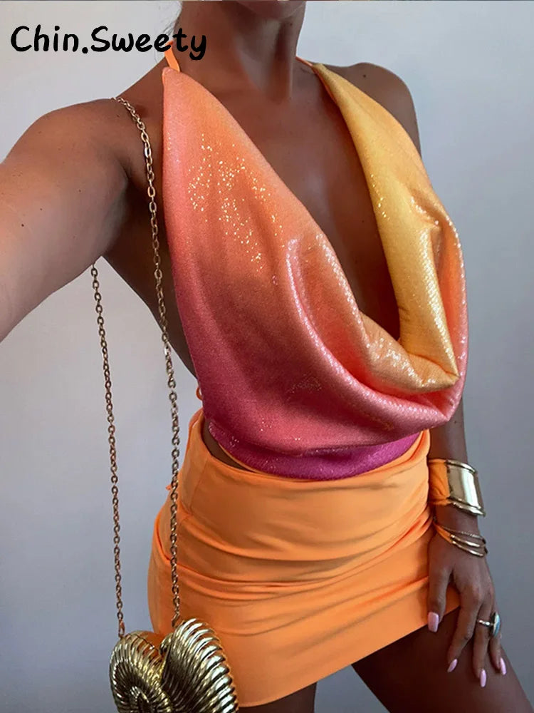 Chic Sequined Halter Skirt Set for Women Party Outfits