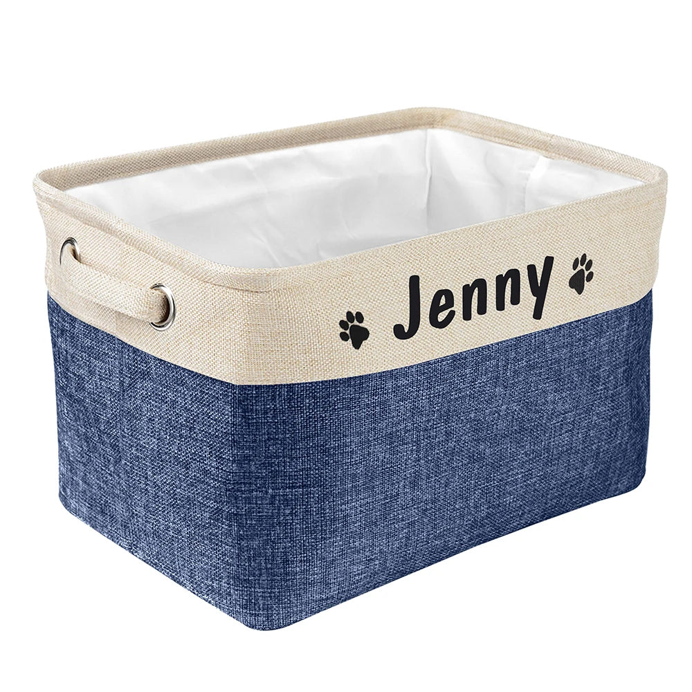 Personalized Linen Pet Toy Storage Basket in Coffee Gray Purple