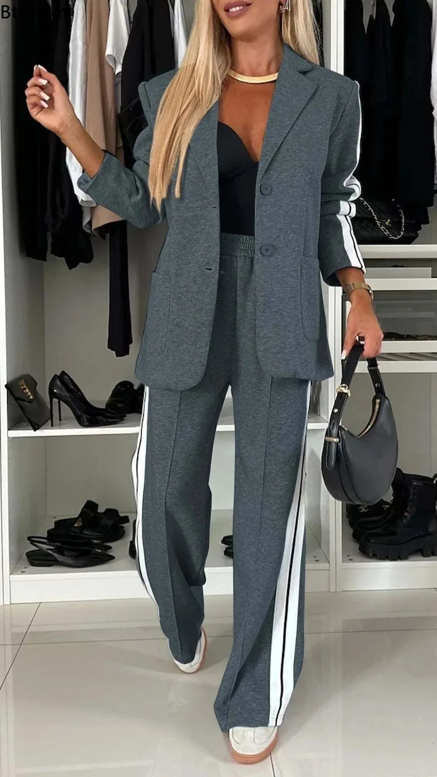 Btsukimi Women's Color Block Blazer and Wide Leg Pants Set