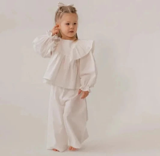 Girls Linen Ruffle Blouse and Nine Leg Pants Set
