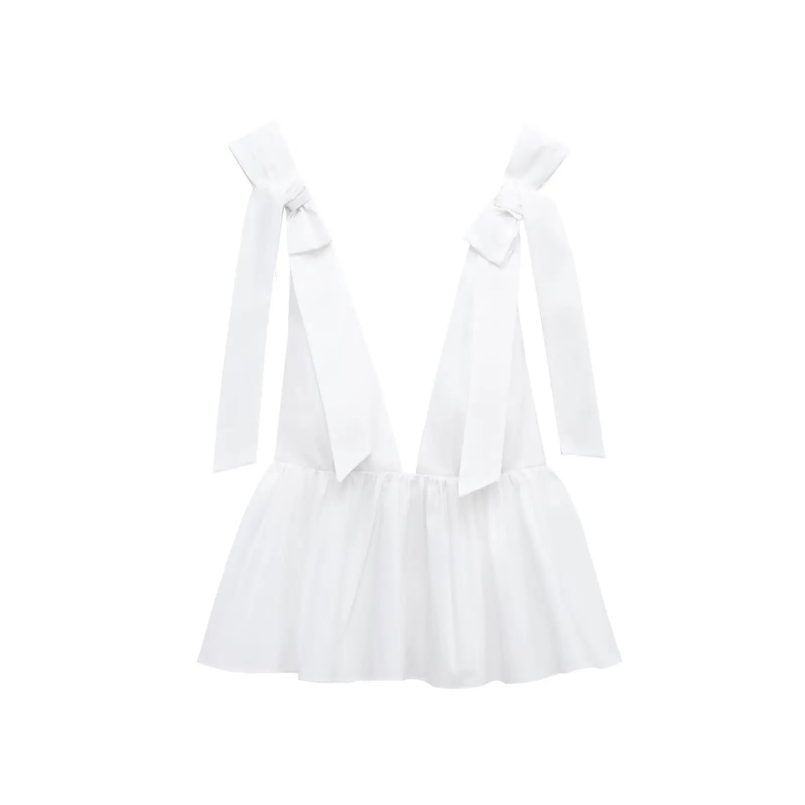 HH Woman Sexy Sleeveless Backless Deep V-Neck Slim Elegant Tops 2025 Summer New Women's White Bow Wrinkles Decorate Top