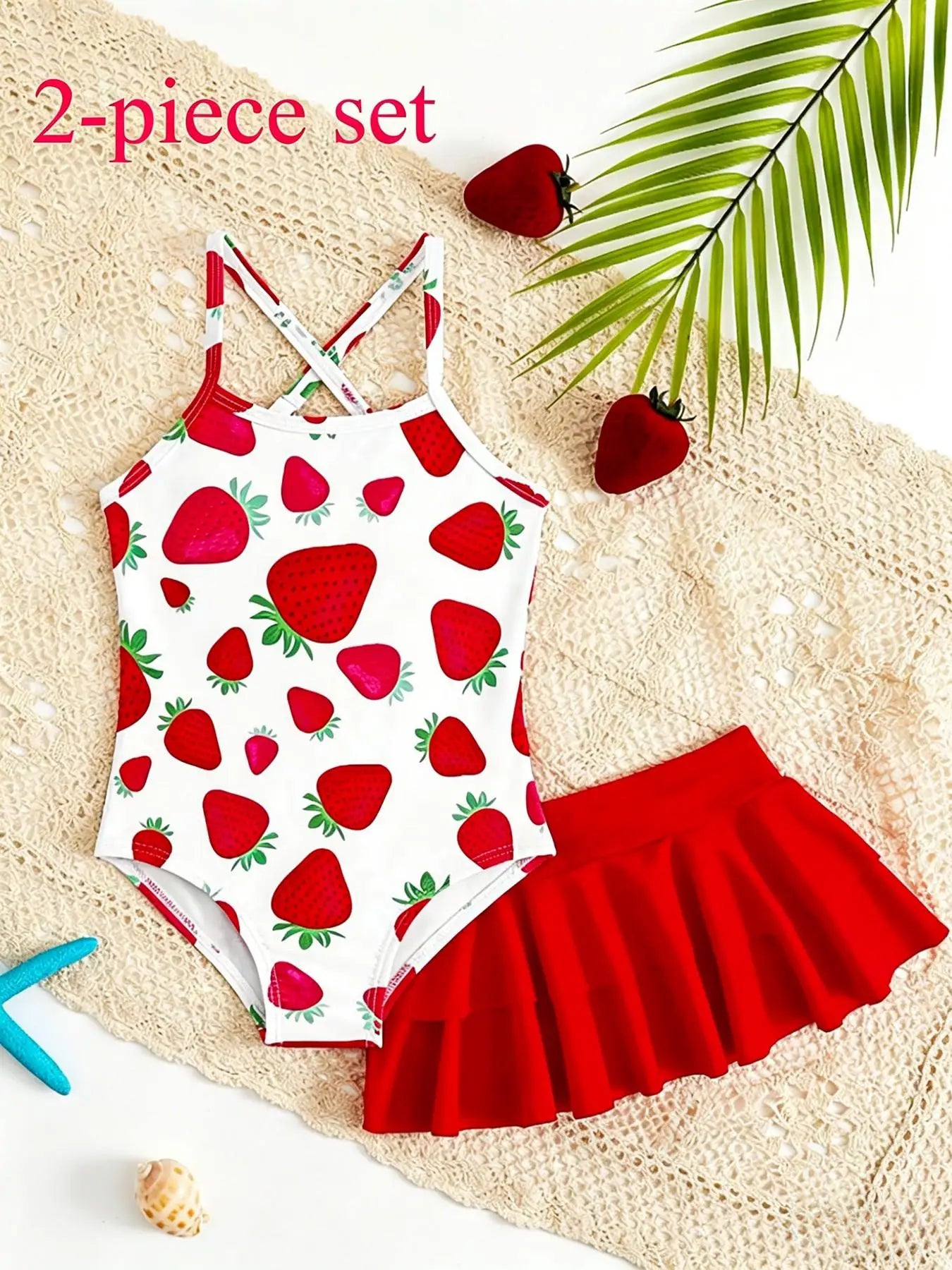 Girls' Strawberry Print One-Piece Swimsuit and Skirt Set