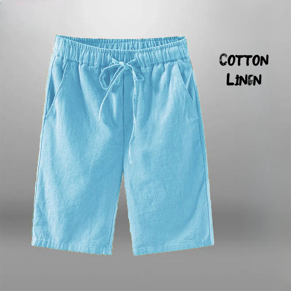 Men's Cotton Linen Casual Knee Length Beach Shorts