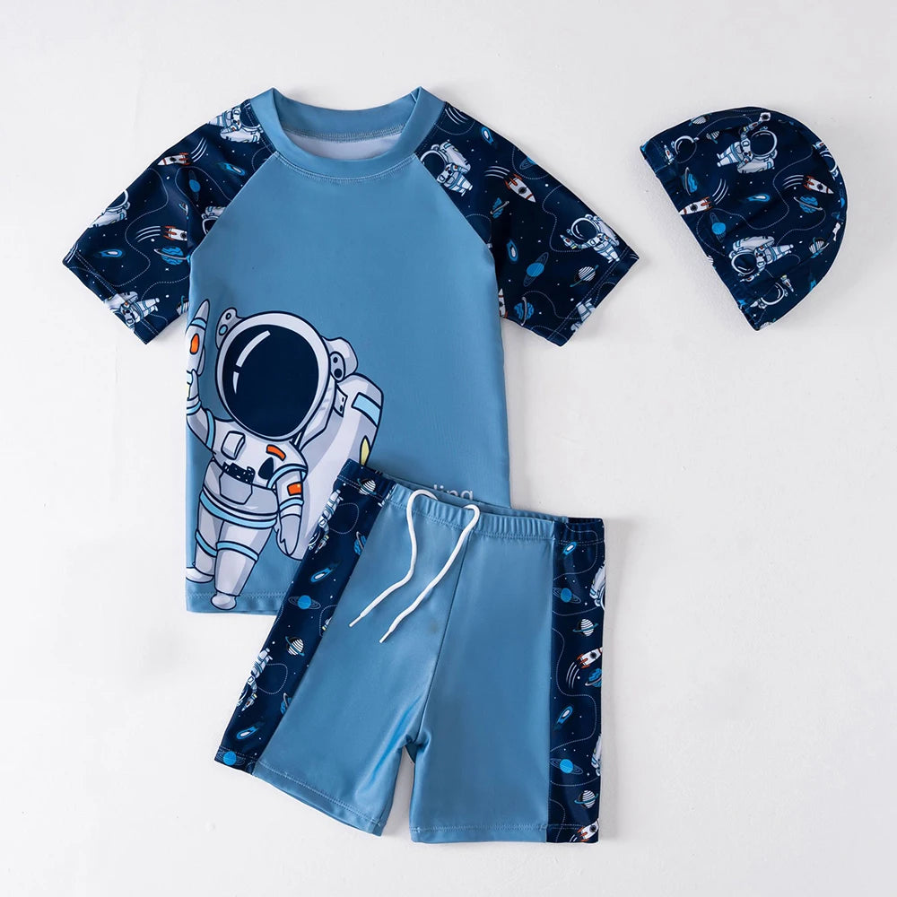 Boys Surf Rash Guard Set with Cap and Shorts for Summer