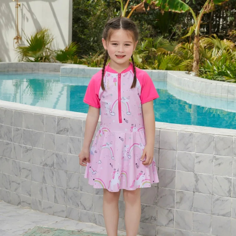 Girls' Cartoon One-Piece Swim Dress in Elastane for Spring