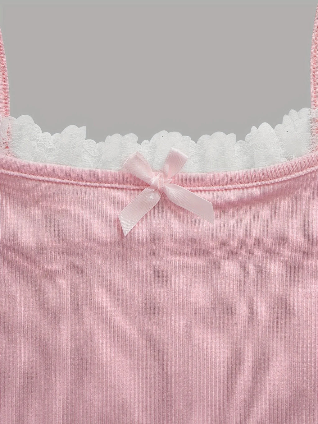 Girls Ribbed Cami Crop Tops with Lace Trim and Bow Detail