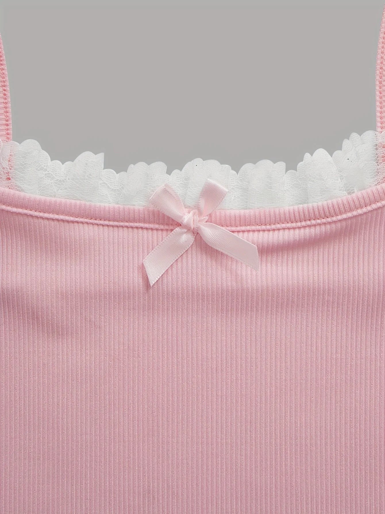 Girls Ribbed Cami Crop Tops with Lace Trim and Bow Detail