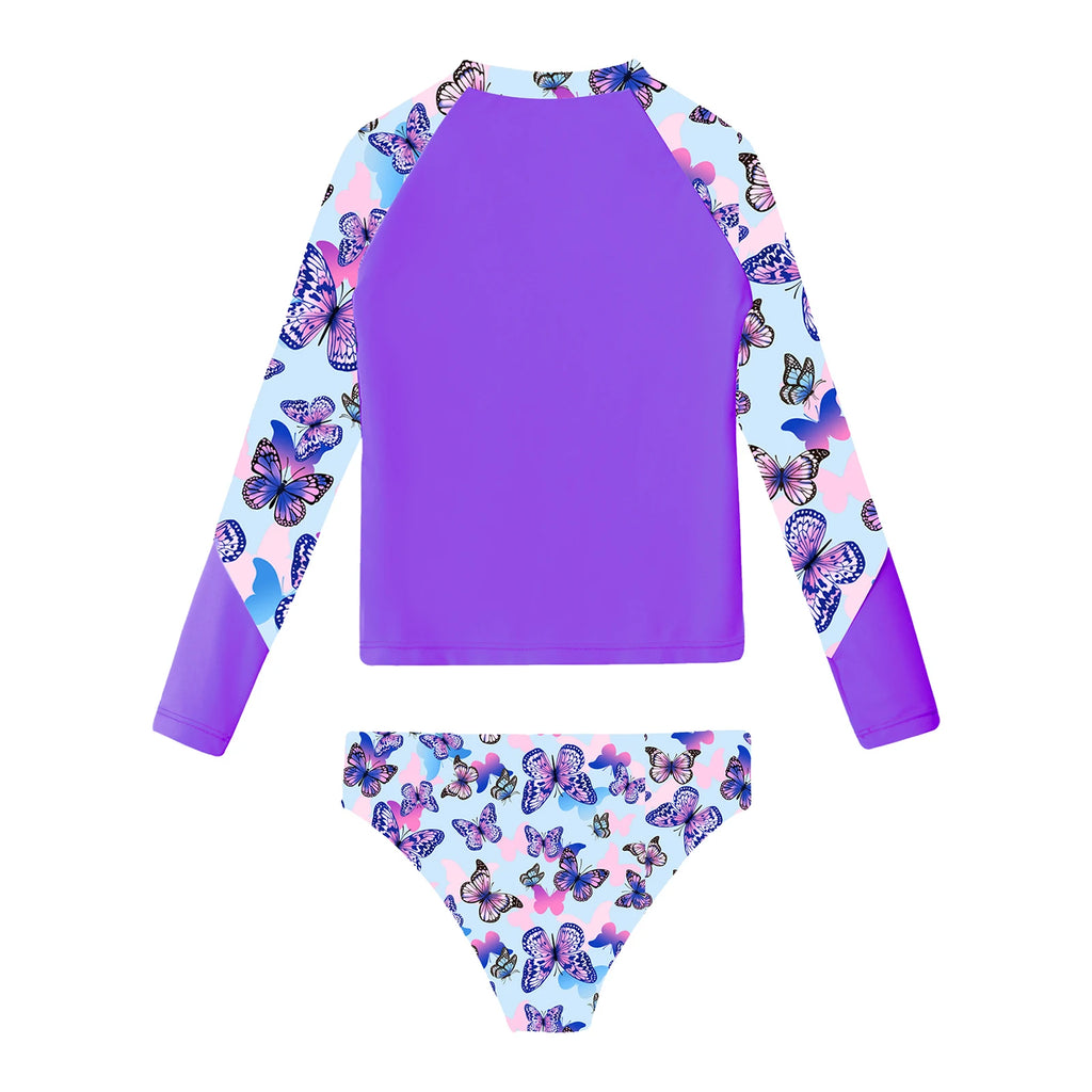 Kids Girls Long Sleeve Print Swimwear with Briefs for Beach