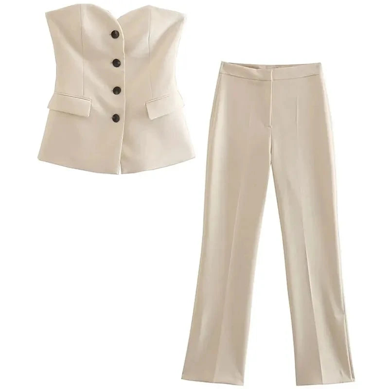 HH Women Solid Pant Suit Strapless Tank Tops and Slit Trousers