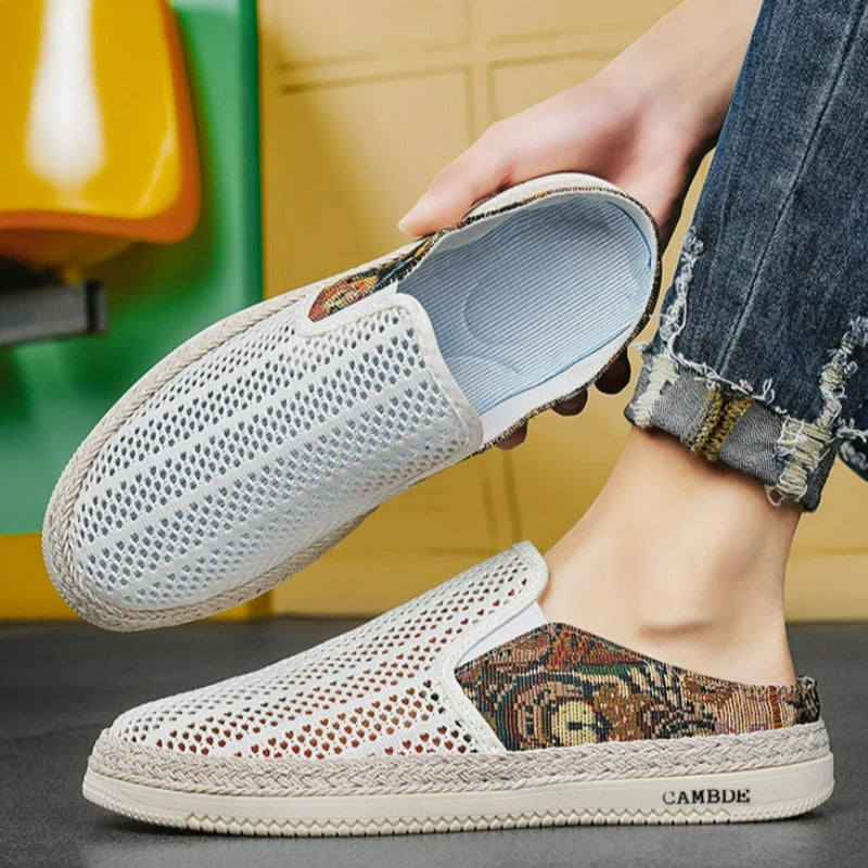 Men's Shoes Mesh Half Slippers Trend Outdoor Round Toe Casual Shoes Lightweight Hollow Sneakers Summer Breathable Slip-On Shoes
