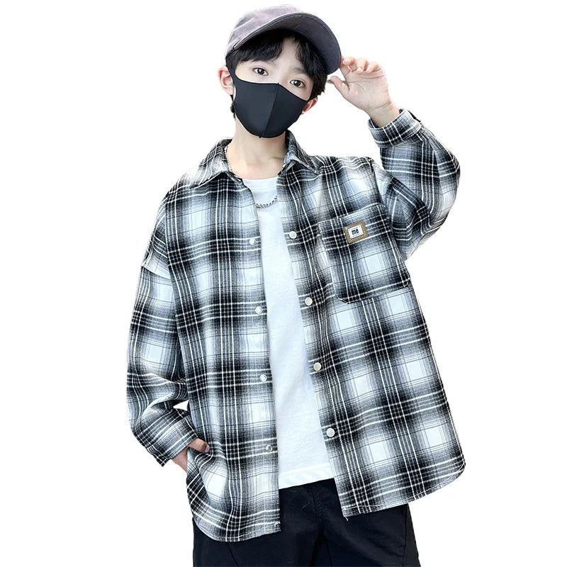 Boys Long Sleeve Plaid Shirt in Black and White for Kids