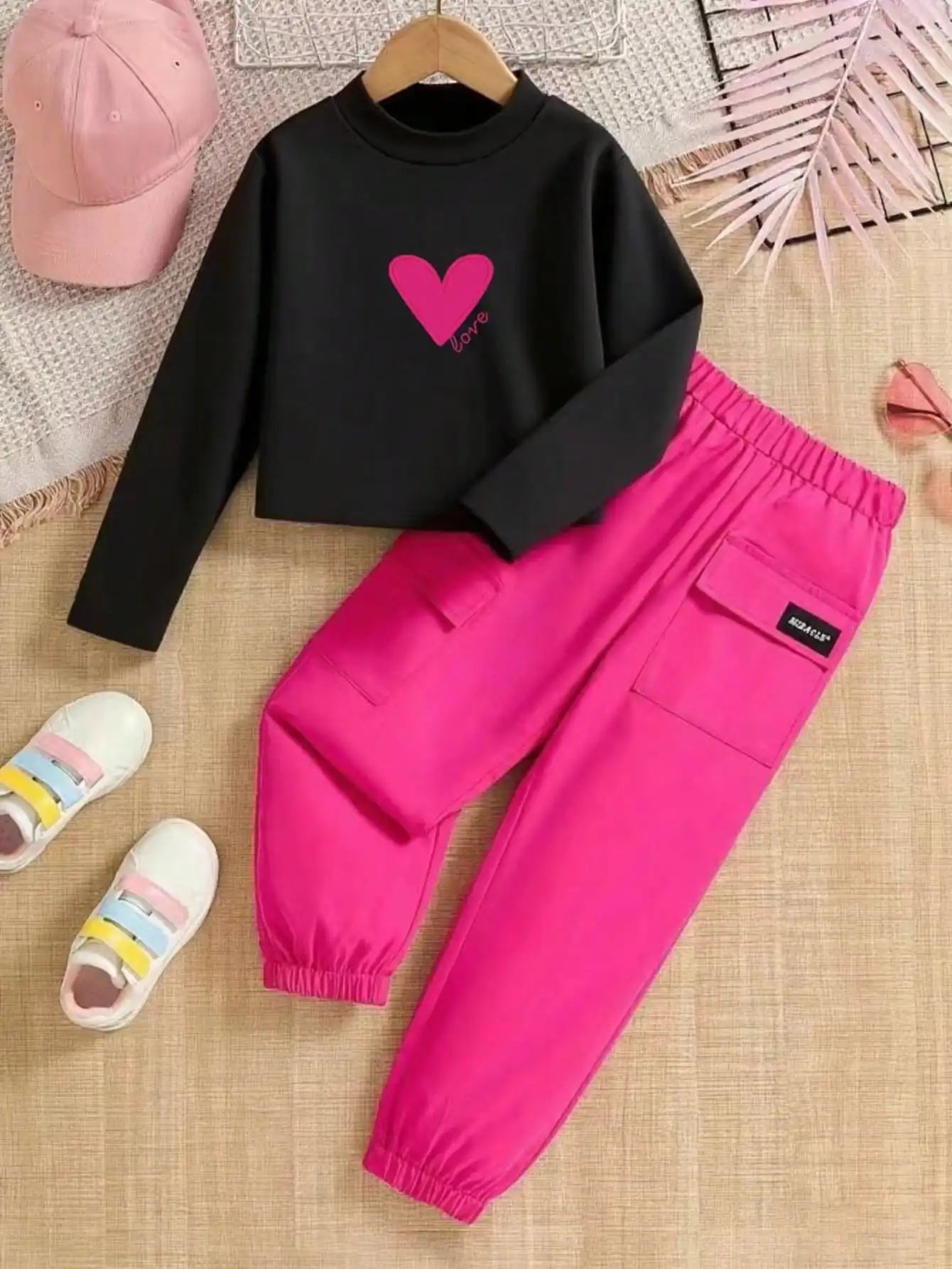 Girls' Summer Fashion Set Long Sleeve Love Print T-Shirt and Pants