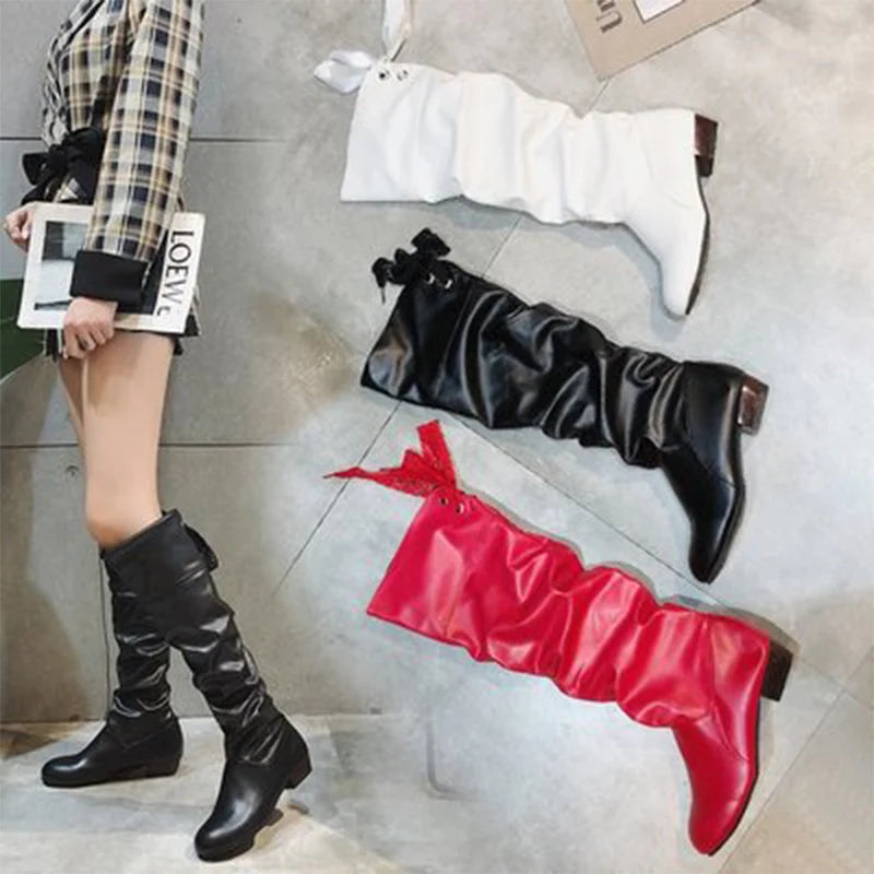 2024 Pleated Leather Knee High Boots for Women