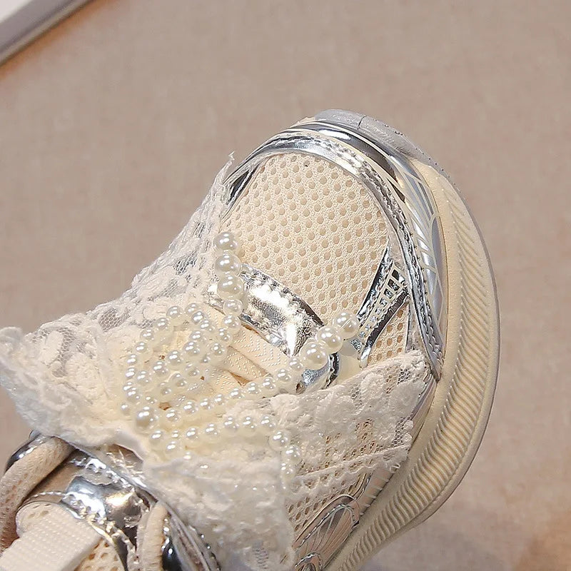 Girls’ Lace and Pearl Embellished Chunky Sneakers for Kids