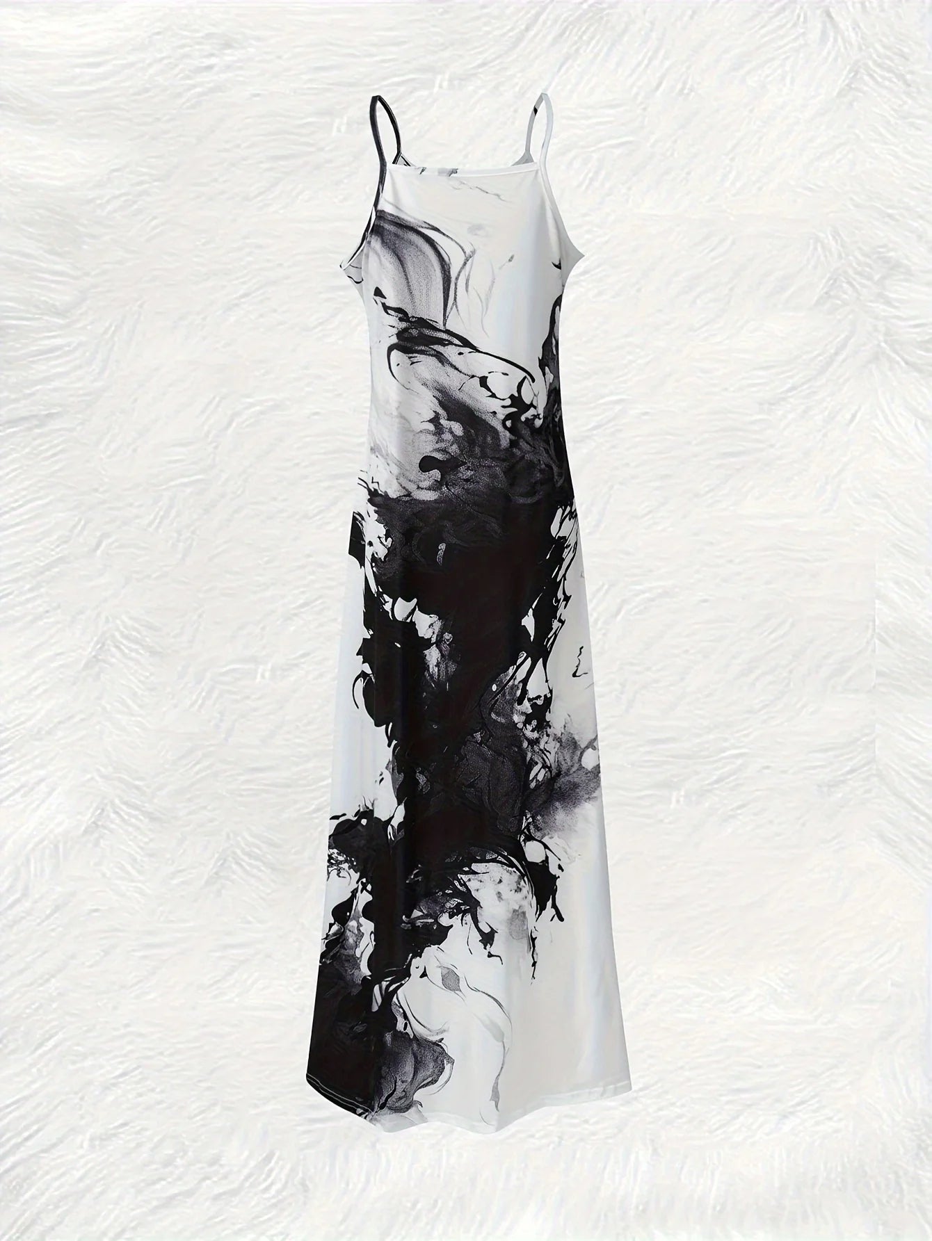 Black and White Abstract Marble Print Maxi Dress for Women