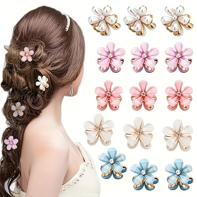 Flower Shaped Hair Grab Clips for Girls - Faux Pearl Alloy Barrettes