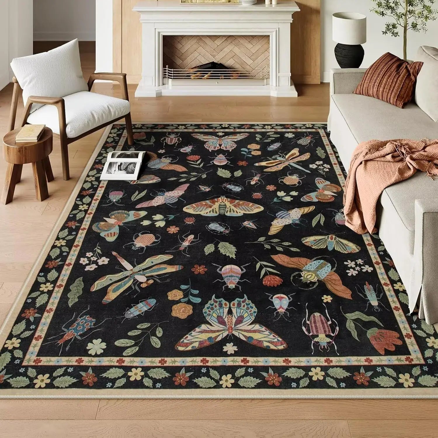 Washable Floral Pattern Living Room Rug Customizable Floor Mat