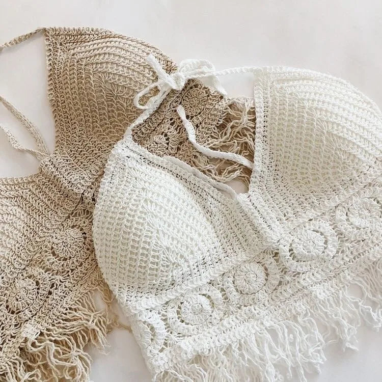 Woman Sexy Top Crochet Tank Tops Women Corset Tanks Crop Camisole Open-Knit Camis with Built-in Pad Tassels Bralette Beach Tops