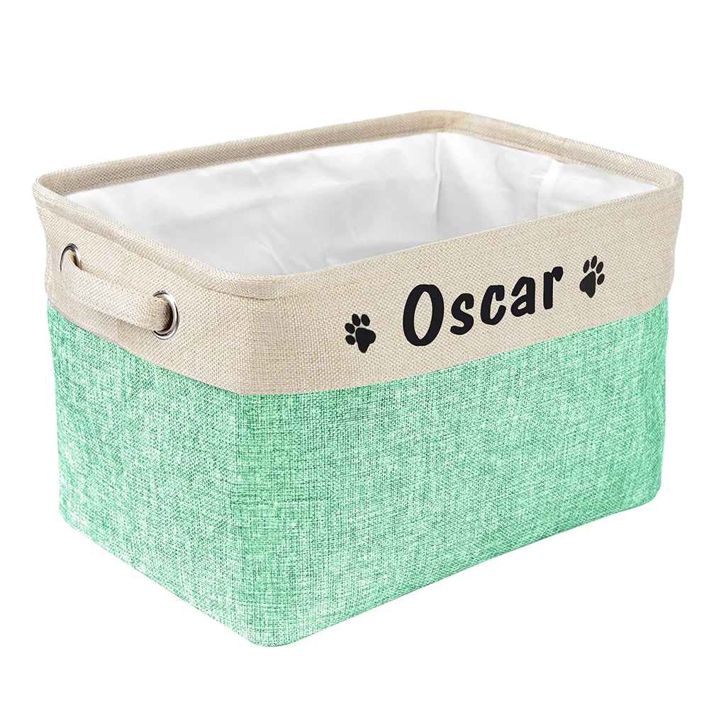 Personalized Linen Pet Toy Storage Basket in Coffee Gray Purple