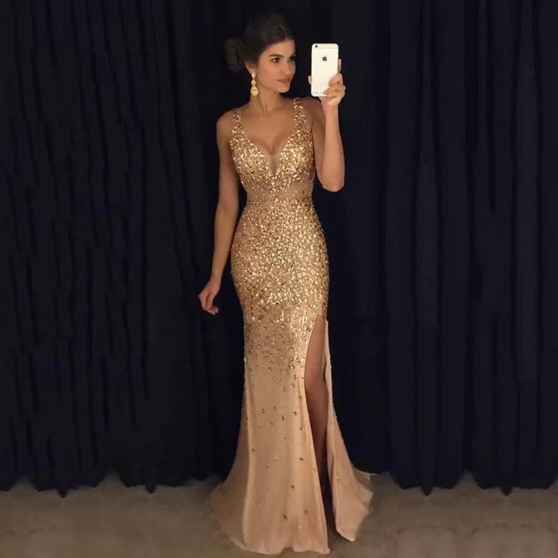 Women's Ankle-Length Slit Bronzing Dress with V-Neckline