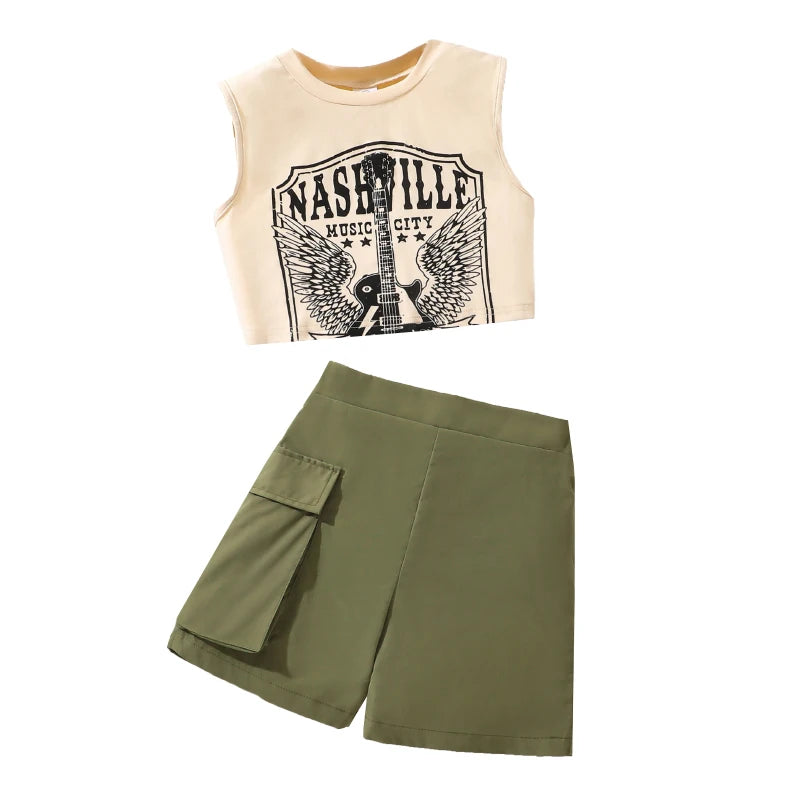 Girls Retro Rock Print Tank Top and Cargo Shorts Set