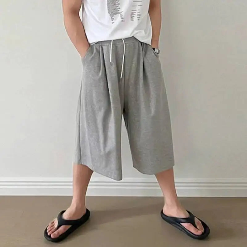 IEFB Korean Style Men's Sports Shorts Drawstring Solid Color Menswear Elastic Waist Straight Loose Wide Leg Male Bottom 9W2507