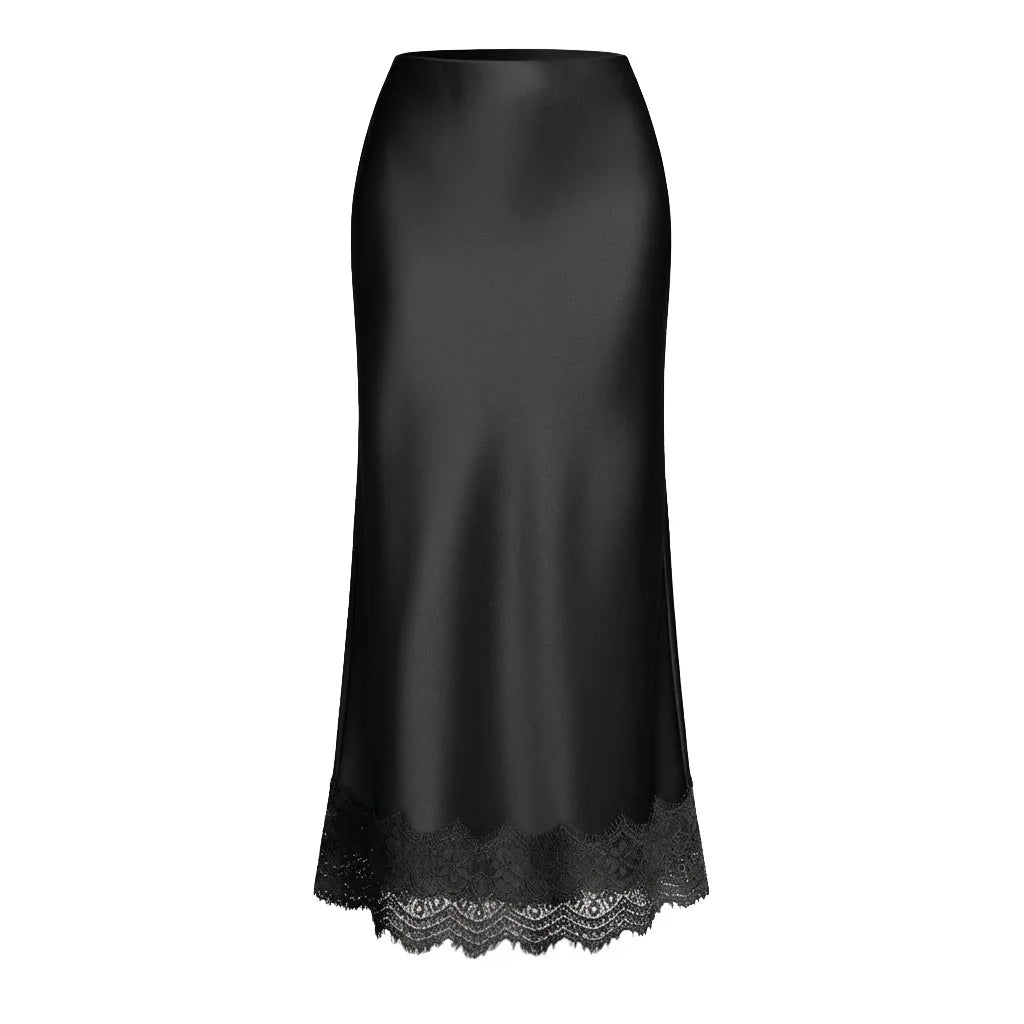 Elegant Satin Midi Skirt for Women with Lace Detail